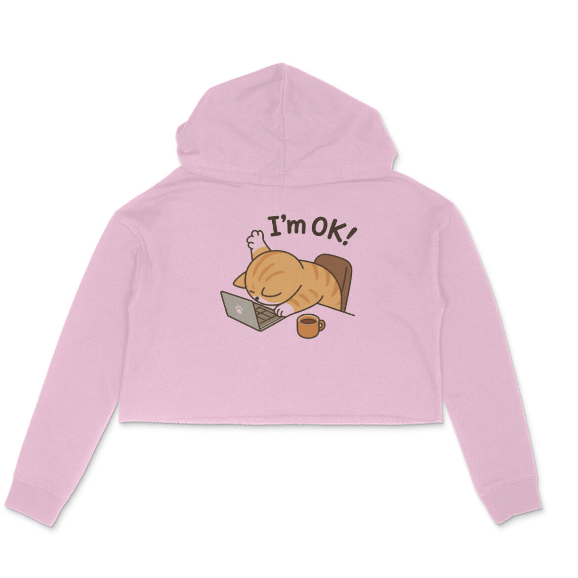 Light Pink "I'm Ok" Tired Cat Women's Crop Hoodie Hoodies