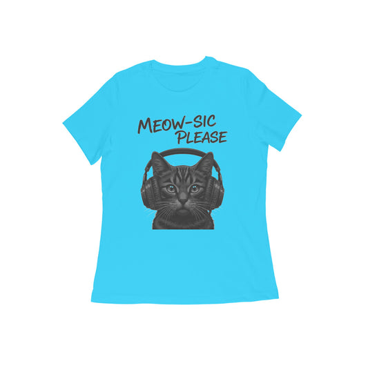 Sky Blue MEOW-SIC PLEASE DJ Cat Women's Tshirt - Electric Blue Funny Feline Tee Tshirt