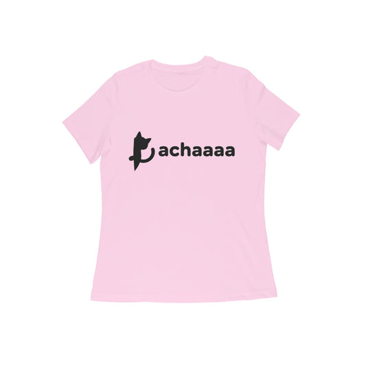Light Pink Minimalist Cat Logo 'Achaaaa' White Line Art Women's T-Shirt Tshirt