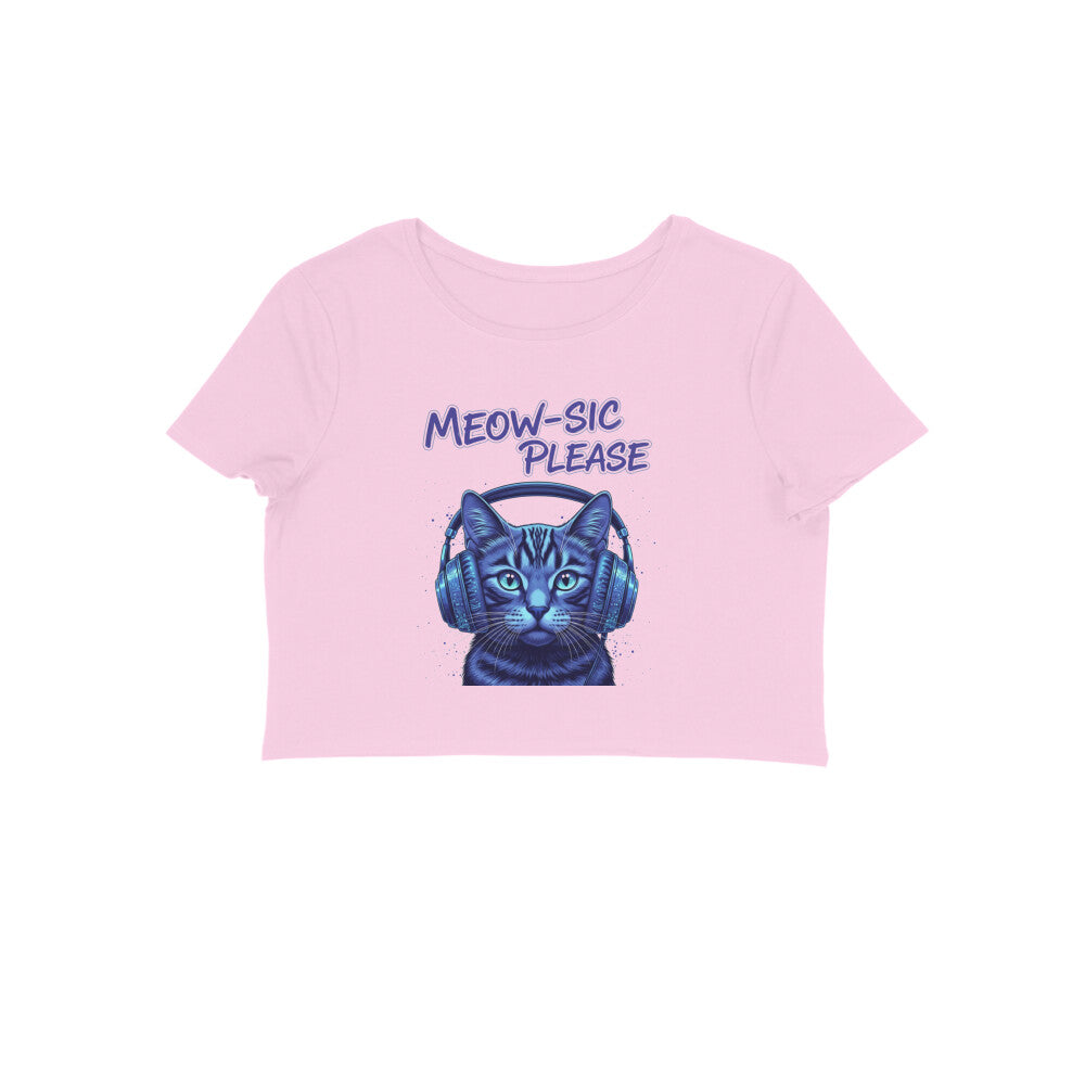 Light Pink Meow-sic Please DJ Cat Crop Top | Neon Cyberpunk Cat Graphic Tee for Women Crop Top