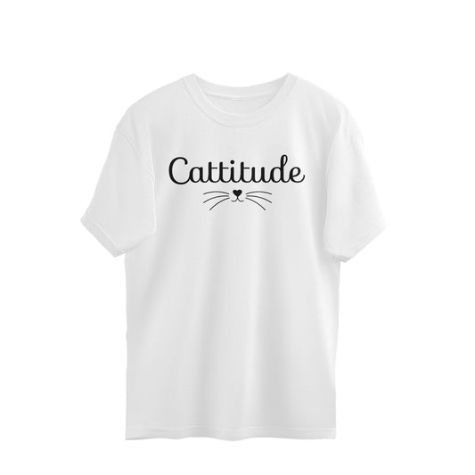 White Cattitude Script Design - Funny Cat Lover Quote Oversized T-Shirt Oversized Tshirt