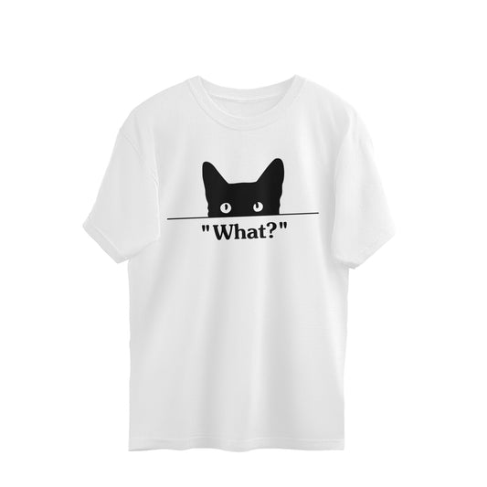 White Minimalist Peeking Cat 'What?' Outline - Sassy Pet Humor Oversized TShirt Oversized Tshirt
