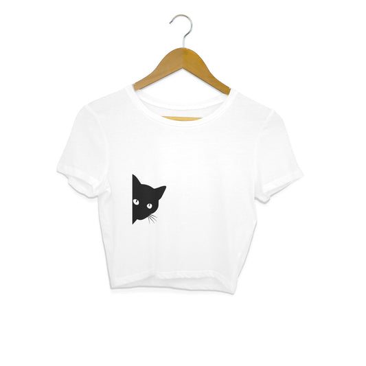 White Sneaky Peeking Black Cat Minimalist Crop Top | Cute Silhouette Kitty Shirt Crop Top