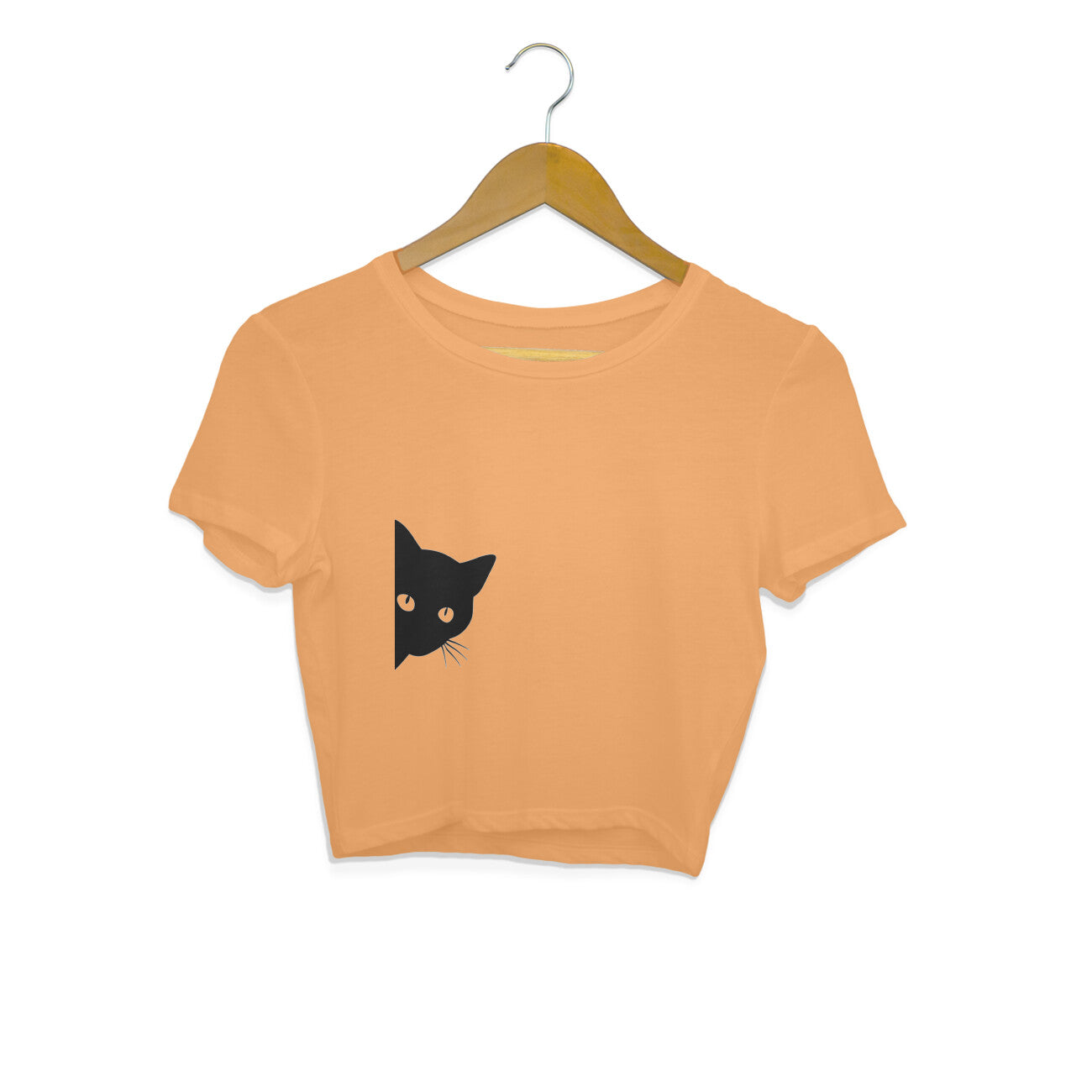 Mustard Yellow Sneaky Peeking Black Cat Minimalist Crop Top | Cute Silhouette Kitty Shirt Crop Top