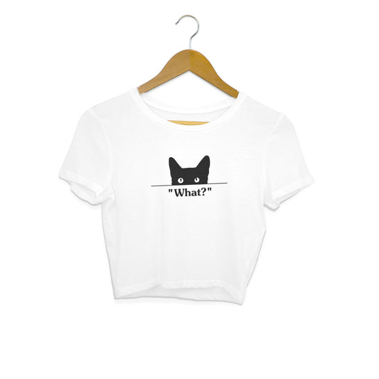 White Peeking Black Cat 'What?' Minimalist Funny Crop Top for Women | Cat Mom Apparel Crop Top