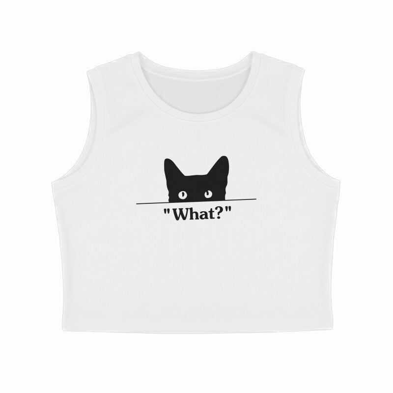 White Minimalist Black Cat 'What?' Crop Tank Top | Funny Peeking Kitten Aesthetic Tank Top