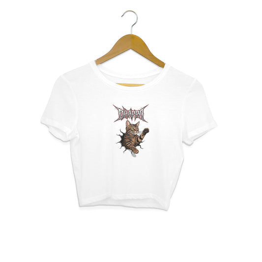 White Death Metal Kitty Crop Top | Edgy Tabby Cat Break Through Graphic Tee Crop Top