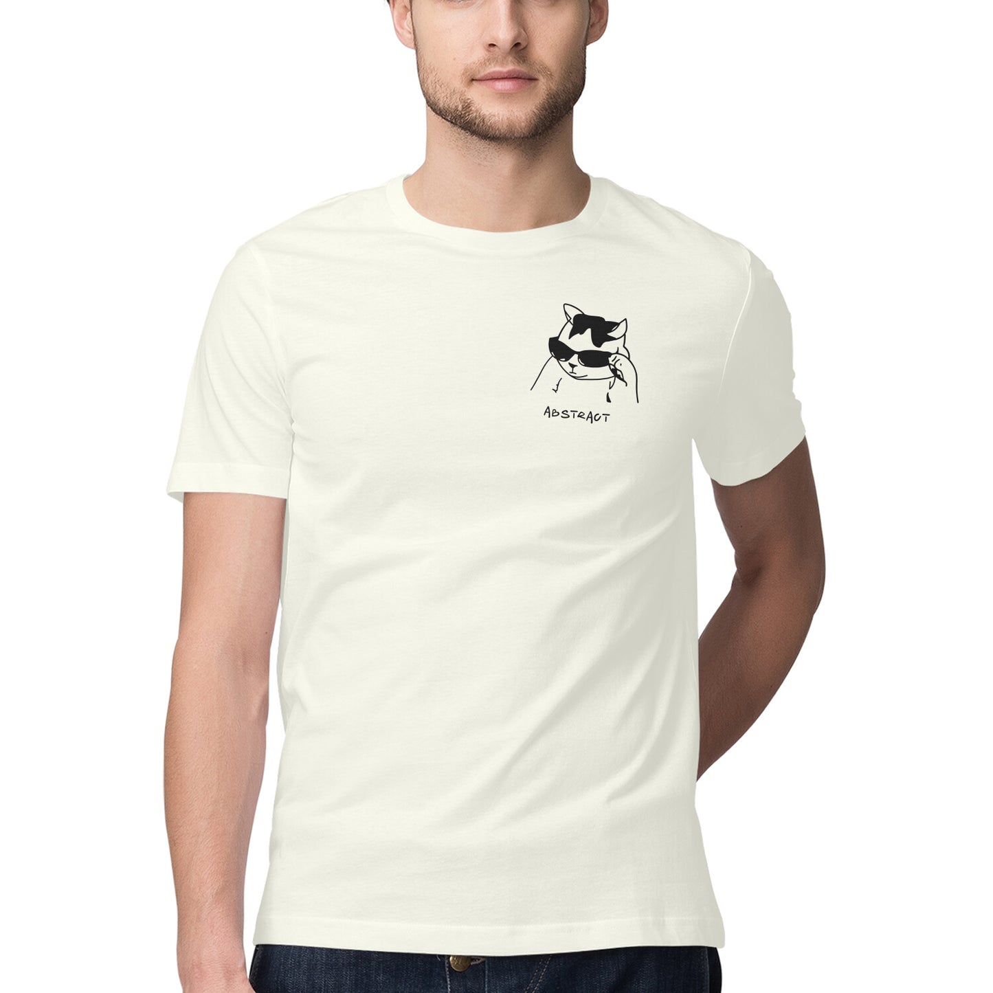 Ivory Minimalist Cool Cat in Sunglasses Men's Half Sleeve T-Shirt | Ironic Pocket Sketch Logo Tshirt