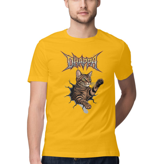 Golden Yellow DHAPPA Heavy Metal Tabby Cat Breaking Through Men's Half Sleeve TShirt Tshirt