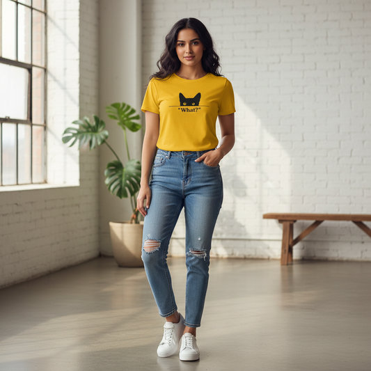 Peeking Black Cat "What?" TShirt - Funny Cat Mom Minimalist Women's Half Sleeve Tee Tshirt