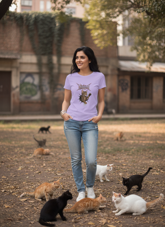 DHAPPA Cat Heavy Metal Logo Women's Half Sleeve TShirt - Funny Tabby Graphic Tee Tshirt