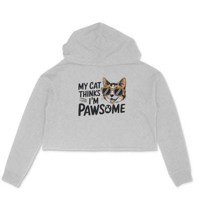 Melange Grey Pawsome Cat Mom Crop Hoodie Hoodies