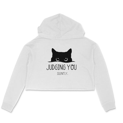 White Peeking Cat "Judging You" Graphic Crop Hoodie Hoodies