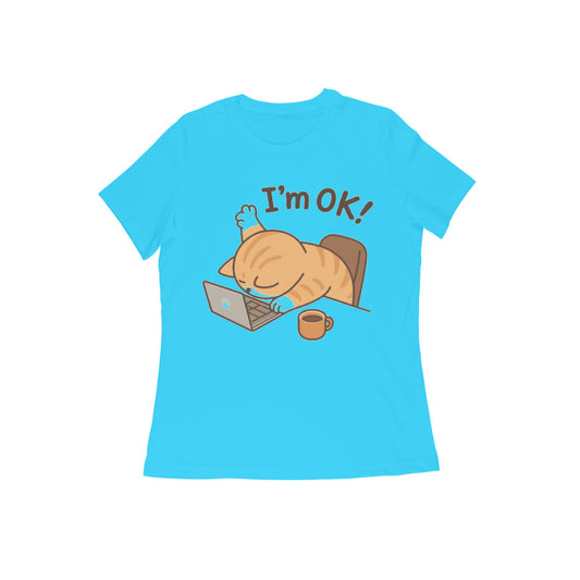 Sky Blue Burnout Cat "I'm Ok" Graphic Tee Tshirt