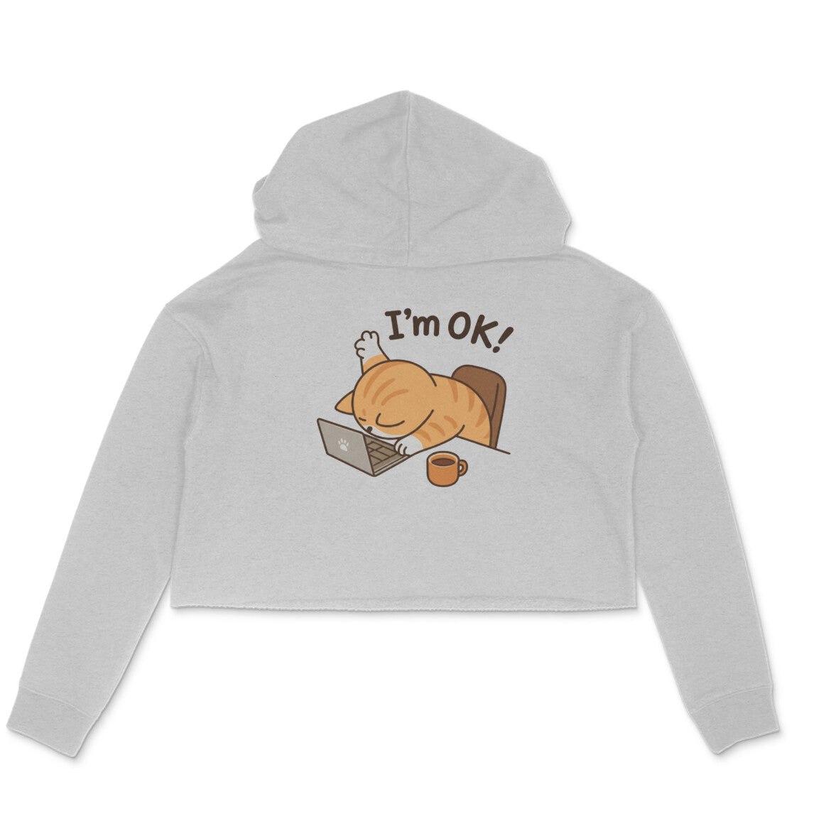 Melange Grey "I'm Ok" Tired Cat Women's Crop Hoodie Hoodies