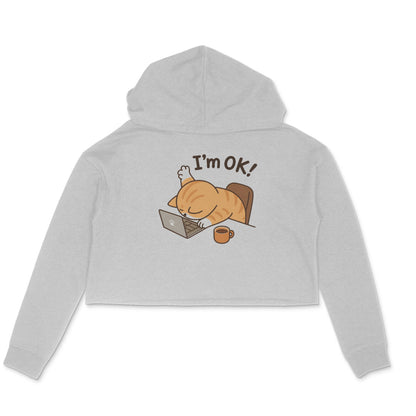 Melange Grey "I'm Ok" Tired Cat Women's Crop Hoodie Hoodies