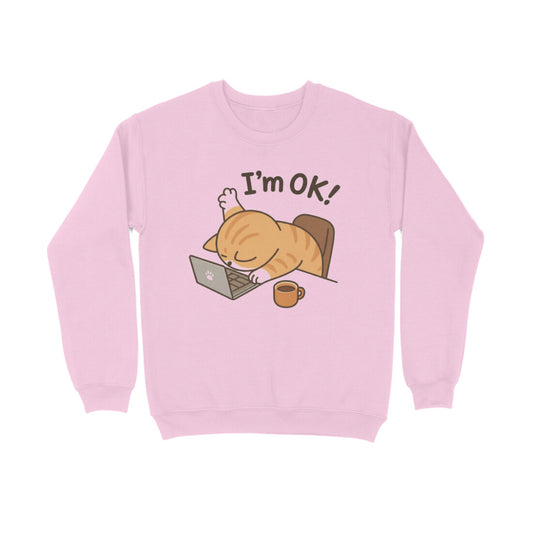 Light Pink Corporate Burnout "I'm Ok" Crewneck Sweatshirt Men's Sweatshirts