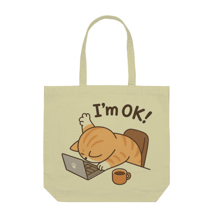 Half White "I'm Ok!" Exhausted Cat Tote Bag Tote Bags