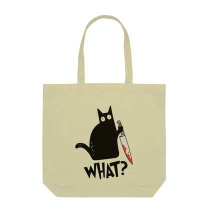 Half White "What?" Murderous Black Cat with Knife Tote Bag Tote Bags