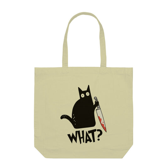 Half White "What?" Murderous Black Cat with Knife Tote Bag Tote Bags