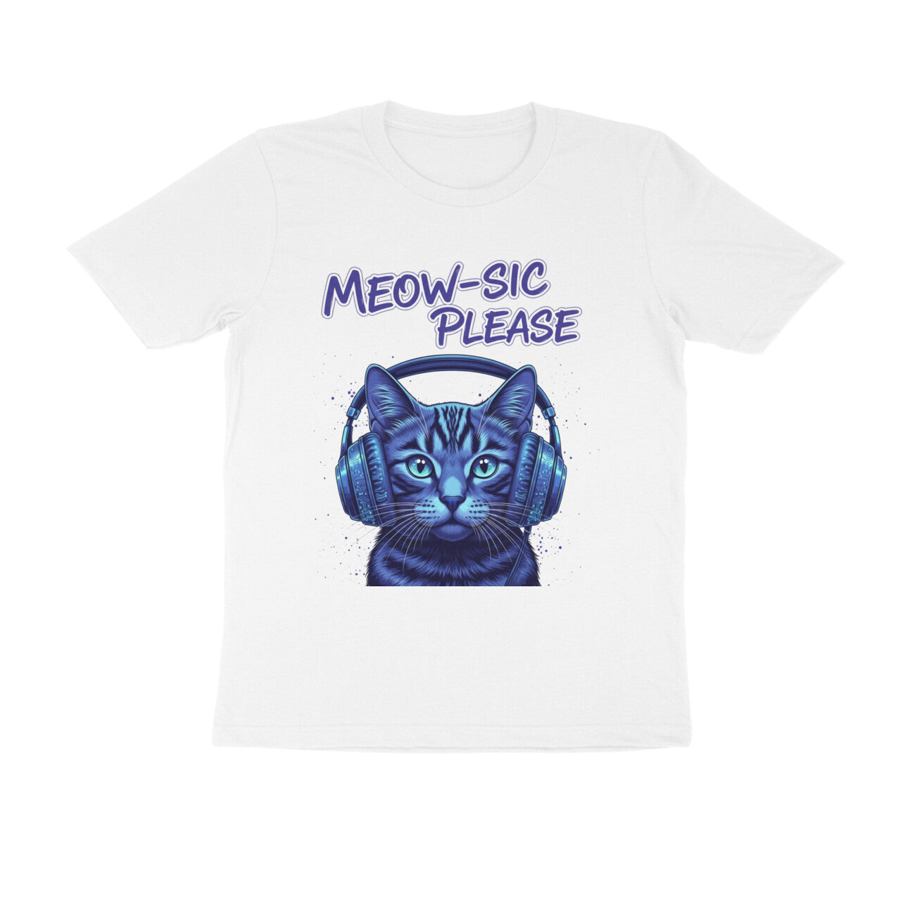 White Meow-Sic Please Neon Cat DJ | Electric Blue Cyberpunk Kitten with Headphones Tshirt