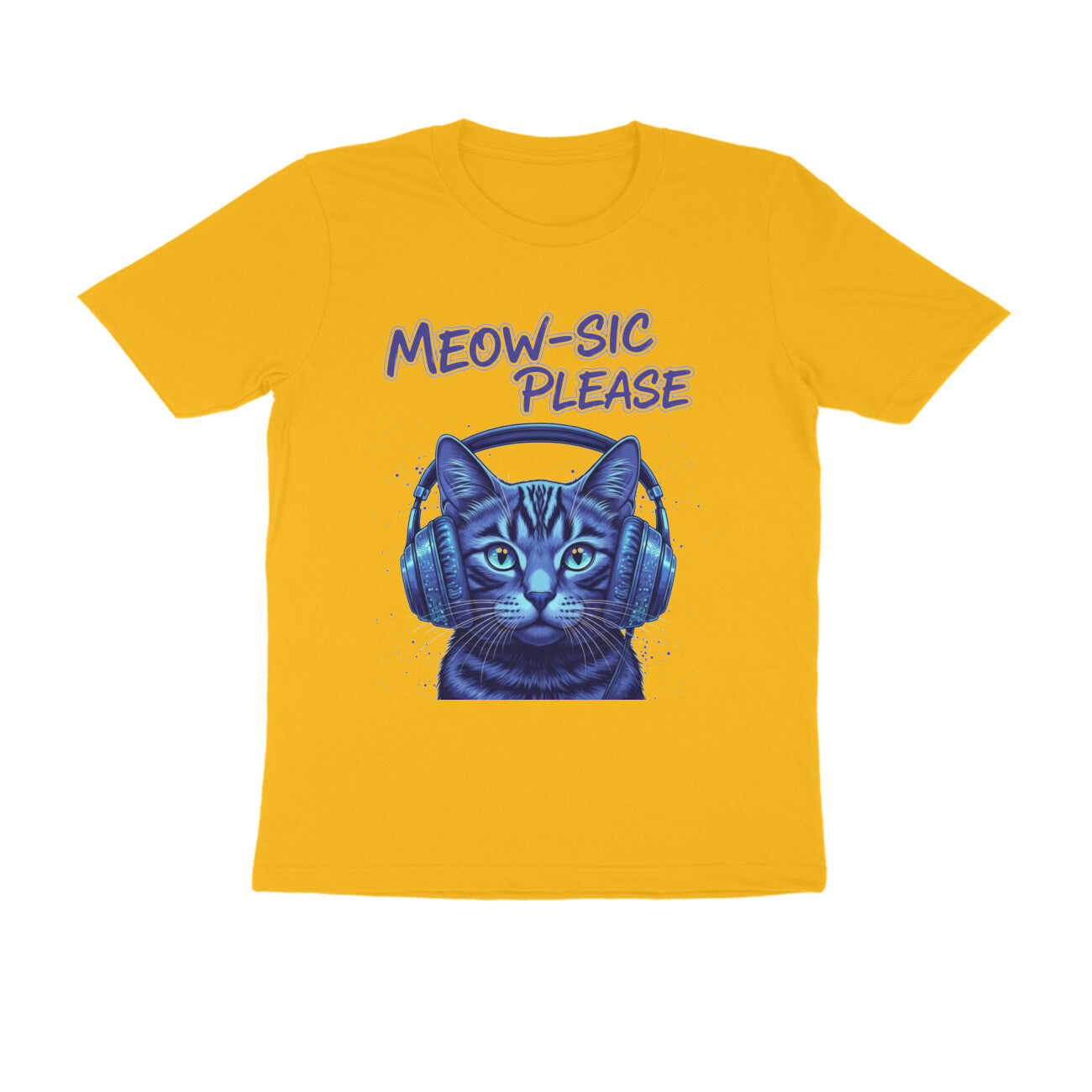 Golden Yellow Meow-Sic Please Neon Cat DJ | Electric Blue Cyberpunk Kitten with Headphones Tshirt