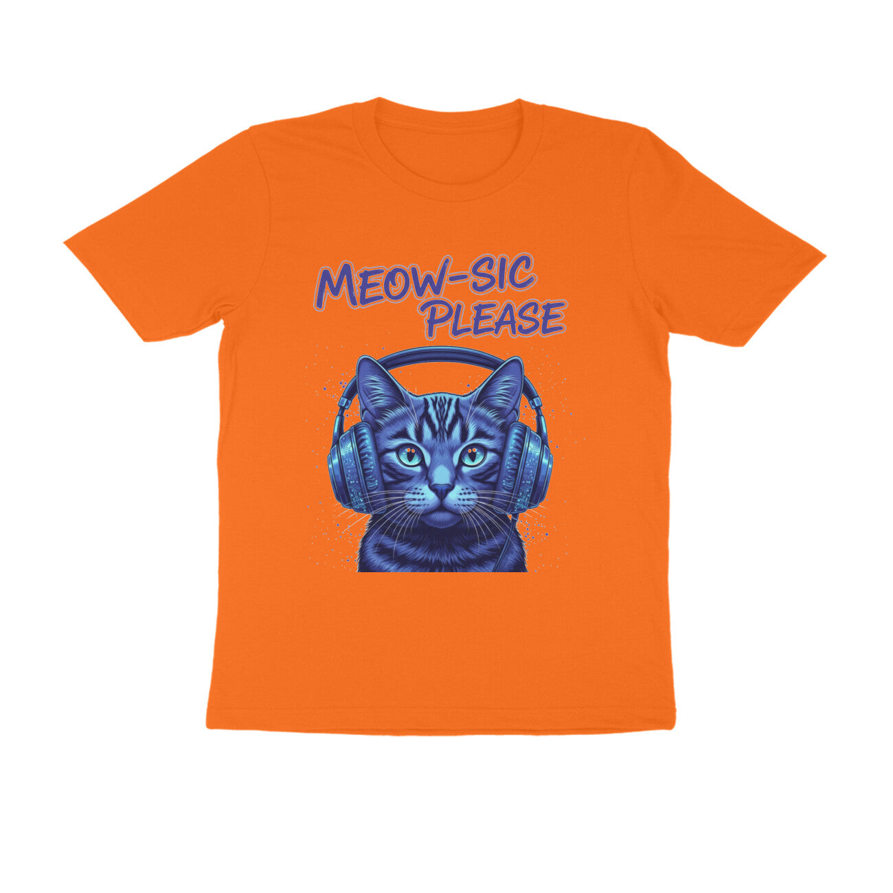 Orange Meow-Sic Please Neon Cat DJ | Electric Blue Cyberpunk Kitten with Headphones Tshirt