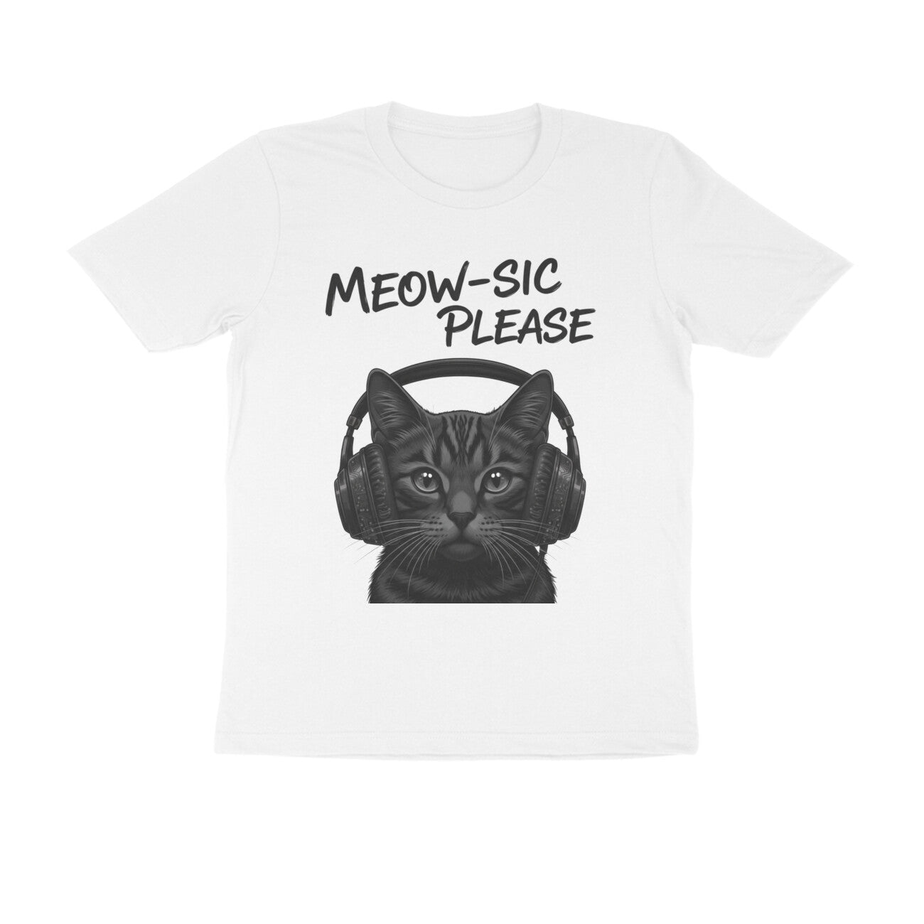 White Meow-sic Please: Feline DJ Cat with Headphones Grayscale Art Tshirt