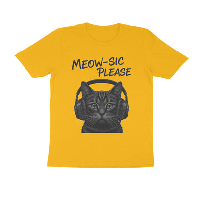 Golden Yellow Meow-sic Please: Feline DJ Cat with Headphones Grayscale Art Tshirt