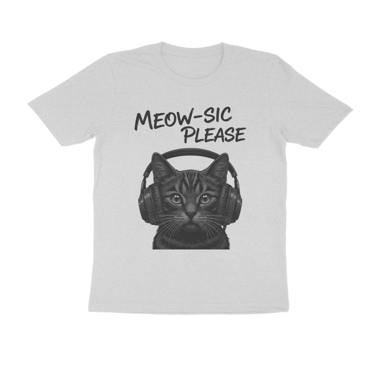 Melange Grey Meow-sic Please: Feline DJ Cat with Headphones Grayscale Art Tshirt