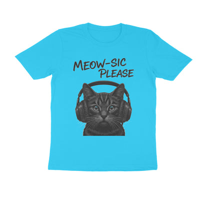 Sky Blue Meow-sic Please: Feline DJ Cat with Headphones Grayscale Art Tshirt