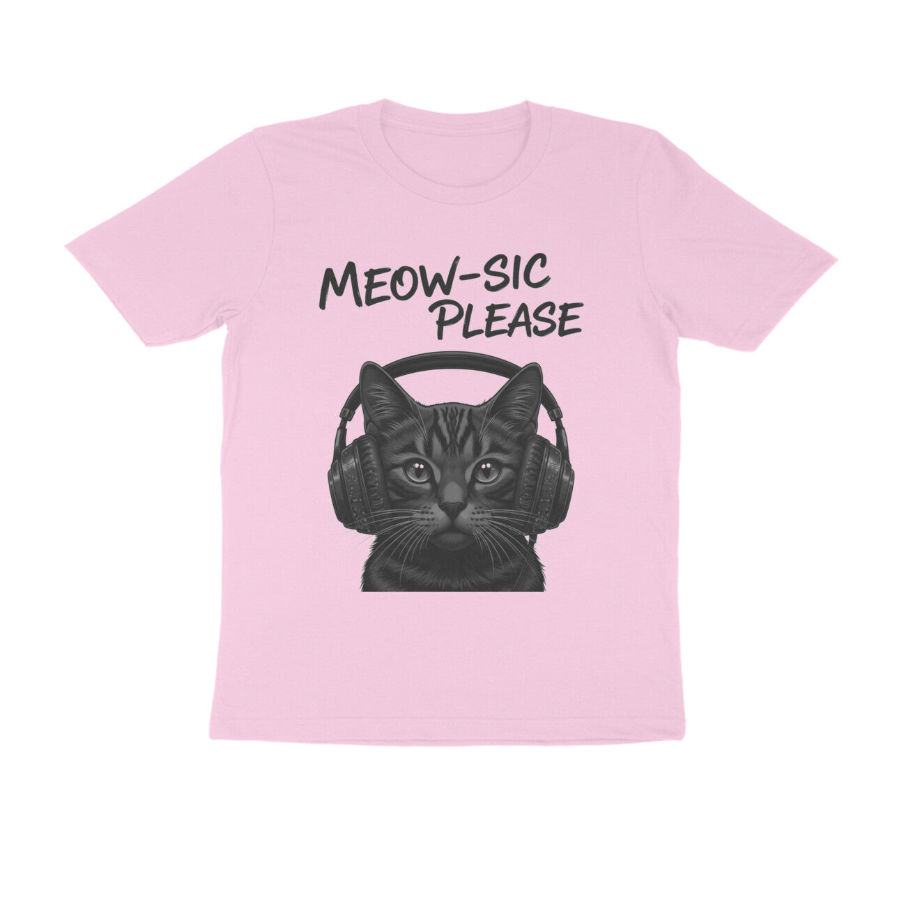 Light Pink Meow-sic Please: Feline DJ Cat with Headphones Grayscale Art Tshirt