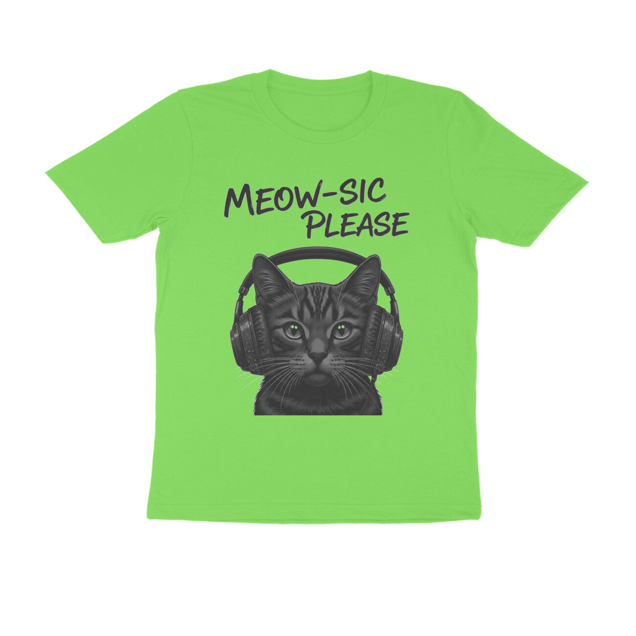Liril Green Meow-sic Please: Feline DJ Cat with Headphones Grayscale Art Tshirt