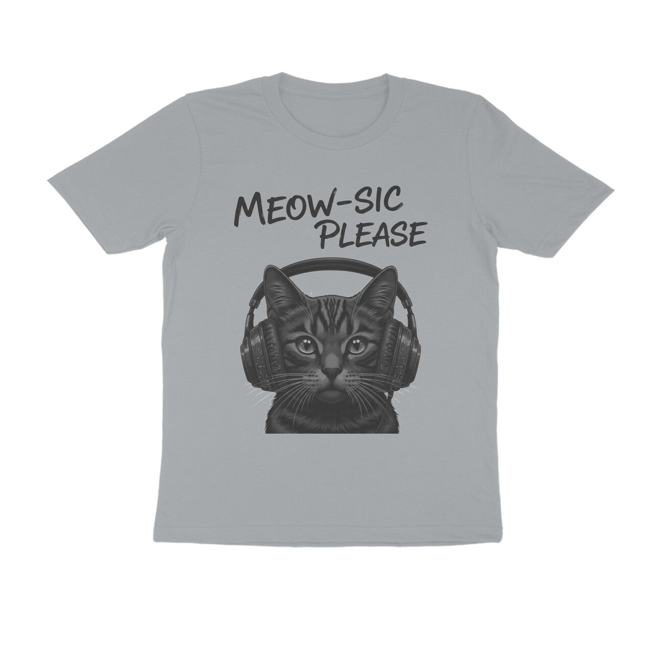 Silver Frost Meow-sic Please: Feline DJ Cat with Headphones Grayscale Art Tshirt