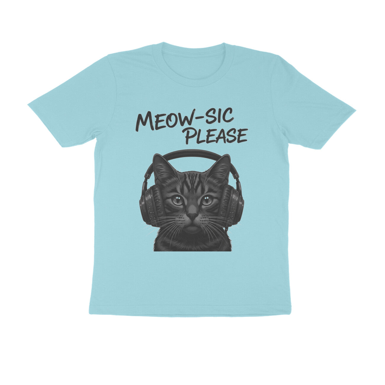 Surf Blue Meow-sic Please: Feline DJ Cat with Headphones Grayscale Art Tshirt