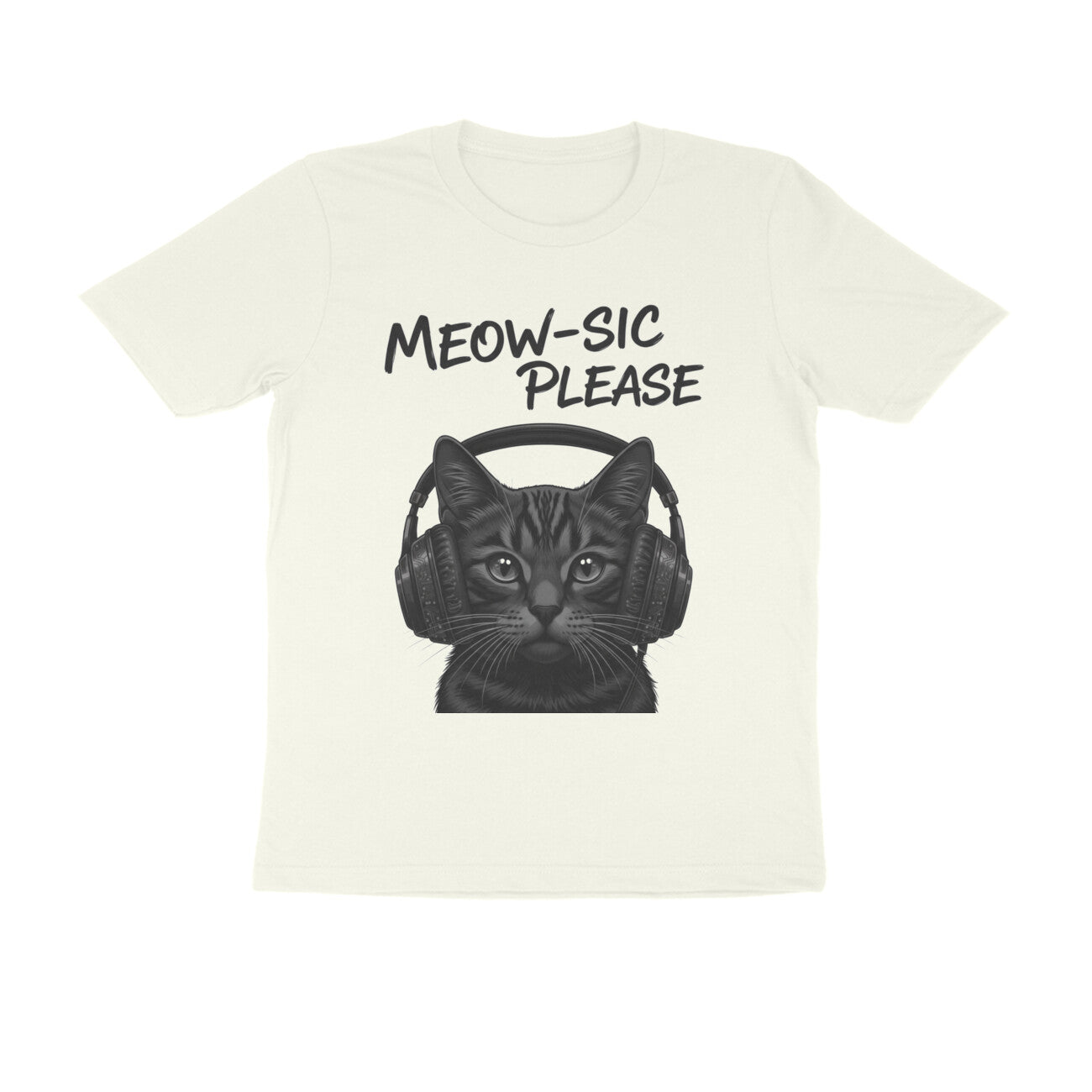 Ivory Meow-sic Please: Feline DJ Cat with Headphones Grayscale Art Tshirt