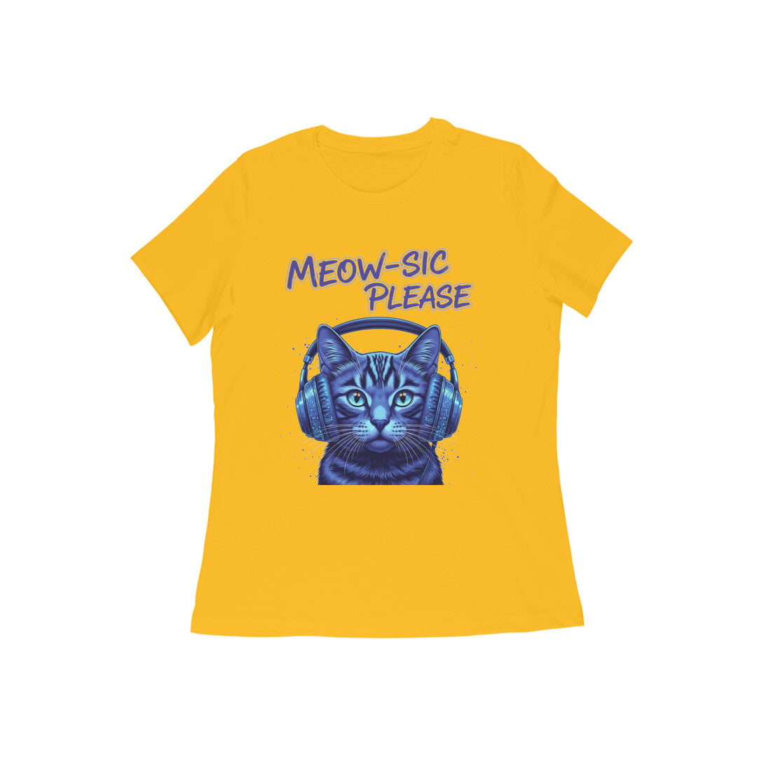 Golden Yellow MEOW-SIC PLEASE DJ Cat Women's Tshirt - Electric Blue Funny Feline Tee Tshirt