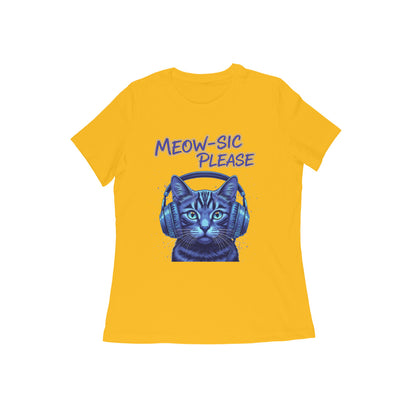 Golden Yellow MEOW-SIC PLEASE DJ Cat Women's Tshirt - Electric Blue Funny Feline Tee Tshirt