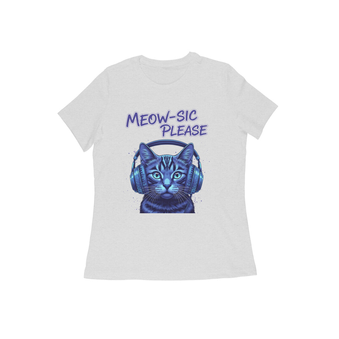 Melange Grey MEOW-SIC PLEASE DJ Cat Women's Tshirt - Electric Blue Funny Feline Tee Tshirt