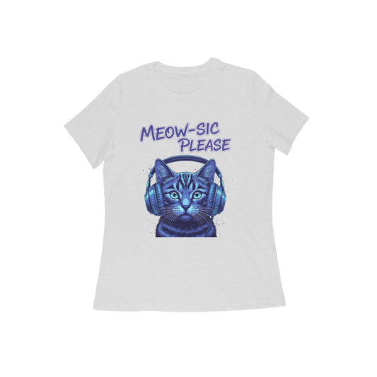 Melange Grey MEOW-SIC PLEASE DJ Cat Women's Tshirt - Electric Blue Funny Feline Tee Tshirt