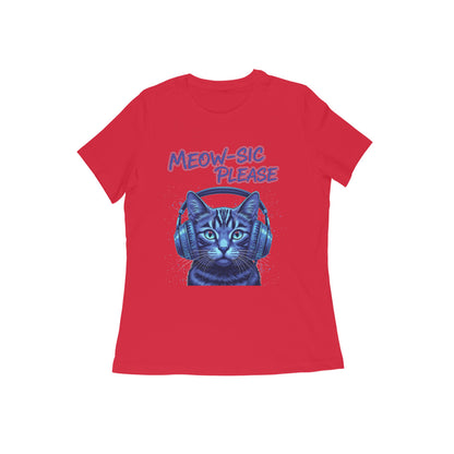 Red MEOW-SIC PLEASE DJ Cat Women's Tshirt - Electric Blue Funny Feline Tee Tshirt