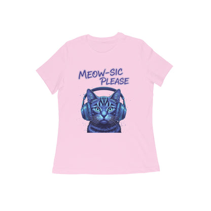 Light Pink MEOW-SIC PLEASE DJ Cat Women's Tshirt - Electric Blue Funny Feline Tee Tshirt