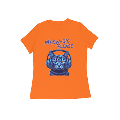 Orange MEOW-SIC PLEASE DJ Cat Women's Tshirt - Electric Blue Funny Feline Tee Tshirt