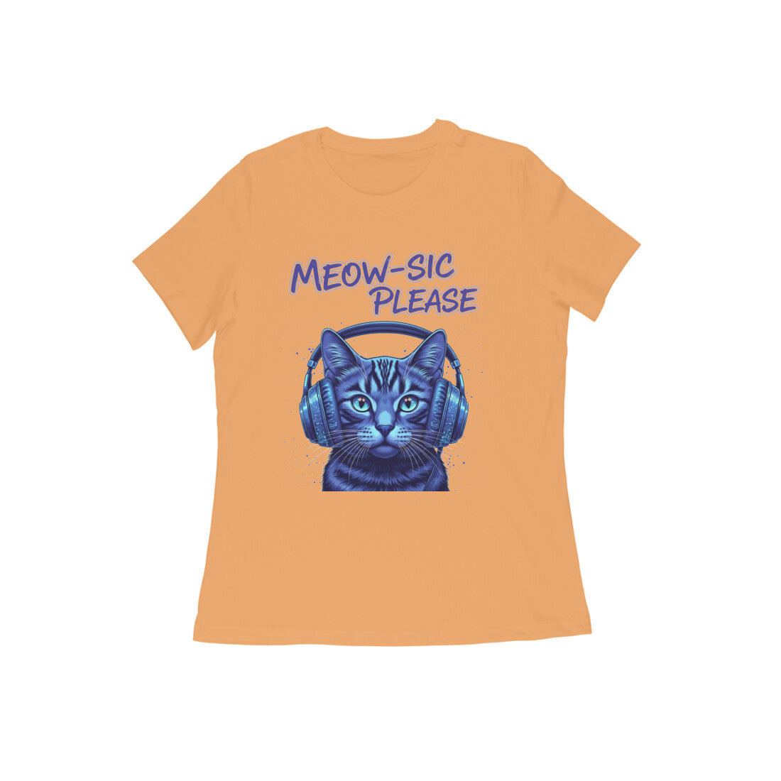 Mustard Yellow MEOW-SIC PLEASE DJ Cat Women's Tshirt - Electric Blue Funny Feline Tee Tshirt