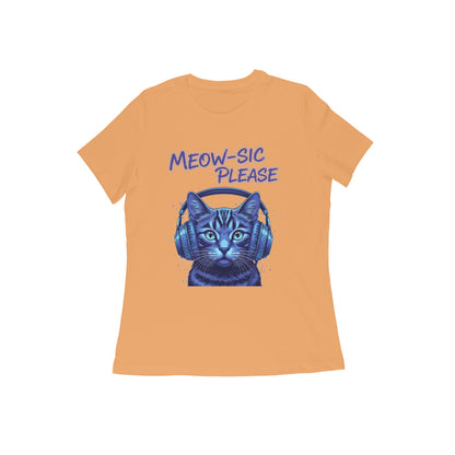 Mustard Yellow MEOW-SIC PLEASE DJ Cat Women's Tshirt - Electric Blue Funny Feline Tee Tshirt