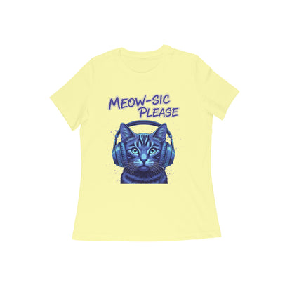 Butter Yellow MEOW-SIC PLEASE DJ Cat Women's Tshirt - Electric Blue Funny Feline Tee Tshirt