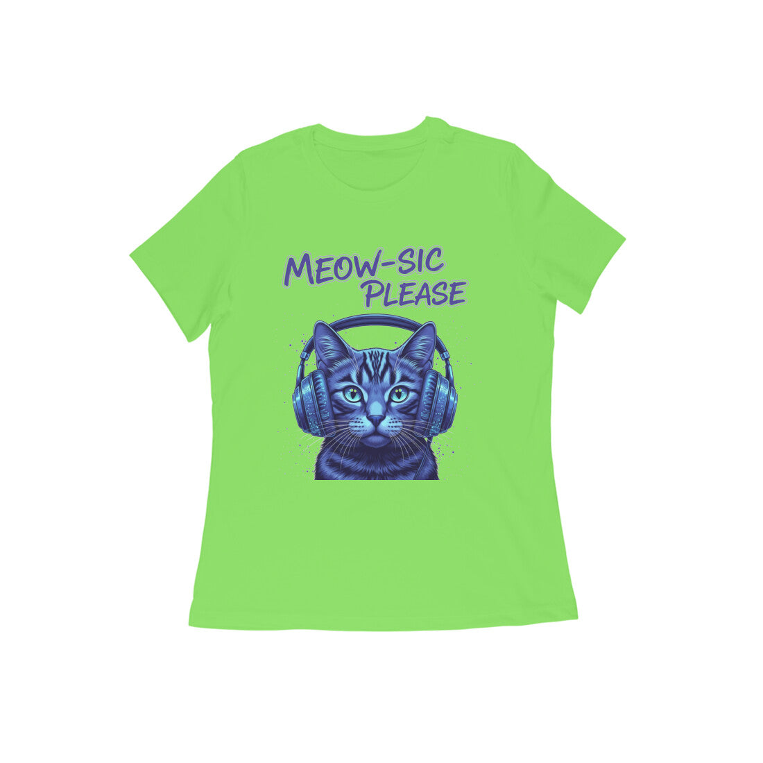 Liril Green MEOW-SIC PLEASE DJ Cat Women's Tshirt - Electric Blue Funny Feline Tee Tshirt