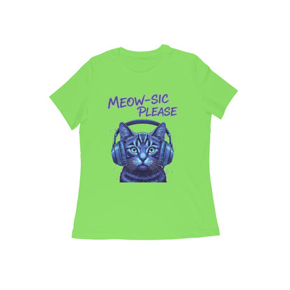 Liril Green MEOW-SIC PLEASE DJ Cat Women's Tshirt - Electric Blue Funny Feline Tee Tshirt