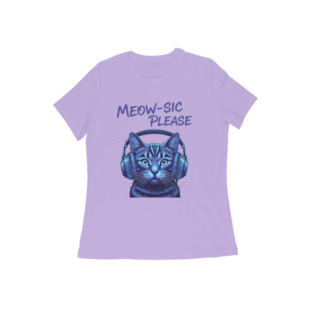 Iris Lavender MEOW-SIC PLEASE DJ Cat Women's Tshirt - Electric Blue Funny Feline Tee Tshirt