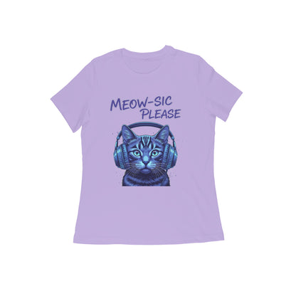 Iris Lavender MEOW-SIC PLEASE DJ Cat Women's Tshirt - Electric Blue Funny Feline Tee Tshirt